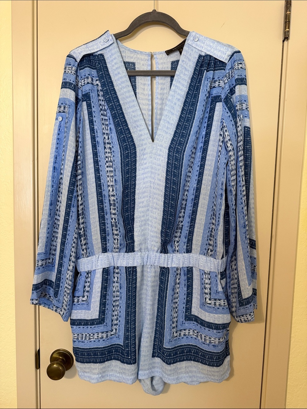 BCBGMaxAzria Light Blue & Navy Striped V-Neck Romper